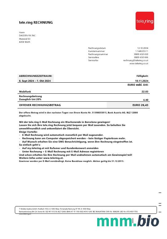 Szwecja Tele Ring rachunek za usługi komunalne szablon w formacie Word i PDF